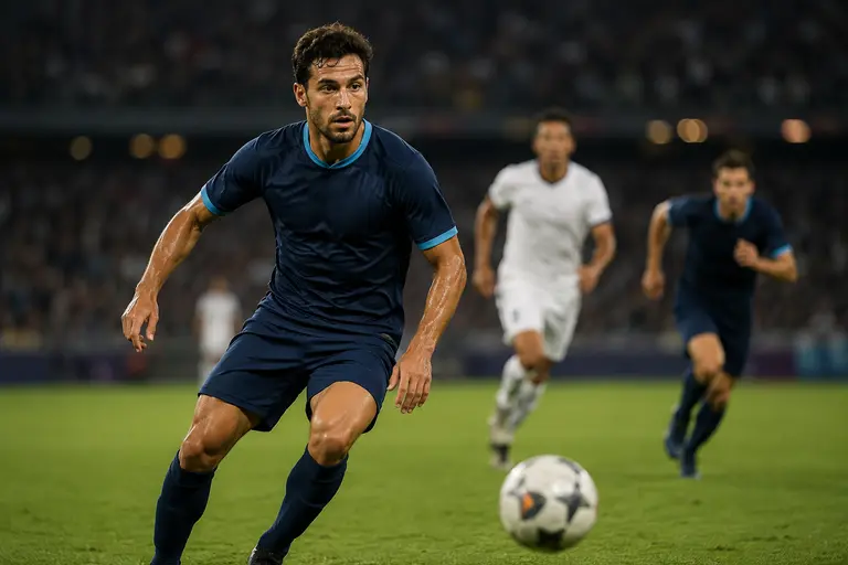 Jogador adulto em competição a receber a bola num jogo de futebol