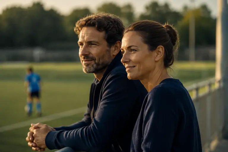 Pai e mãe a acompanhar serenamente um treino de futebol juvenil
