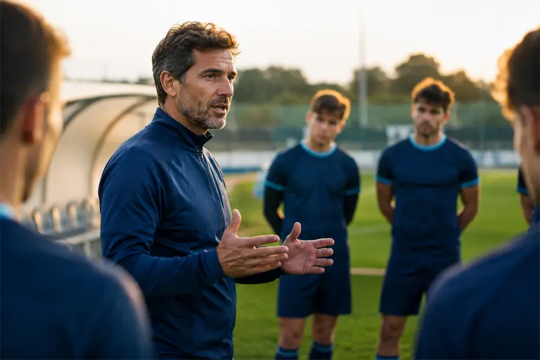 Treinador de futebol a comunicar com os seus jogadores
